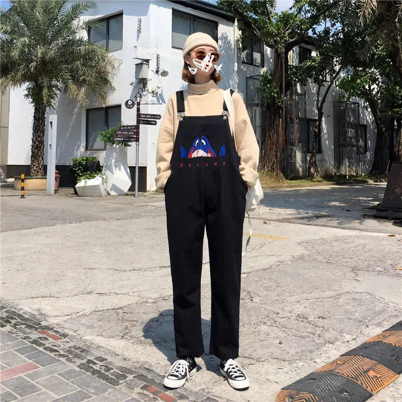 Комбинезоны для женщин для повседневное Твердые Kawaii Harajuku студентов деним s длинный комбинезон мультфильм вышивка свободны