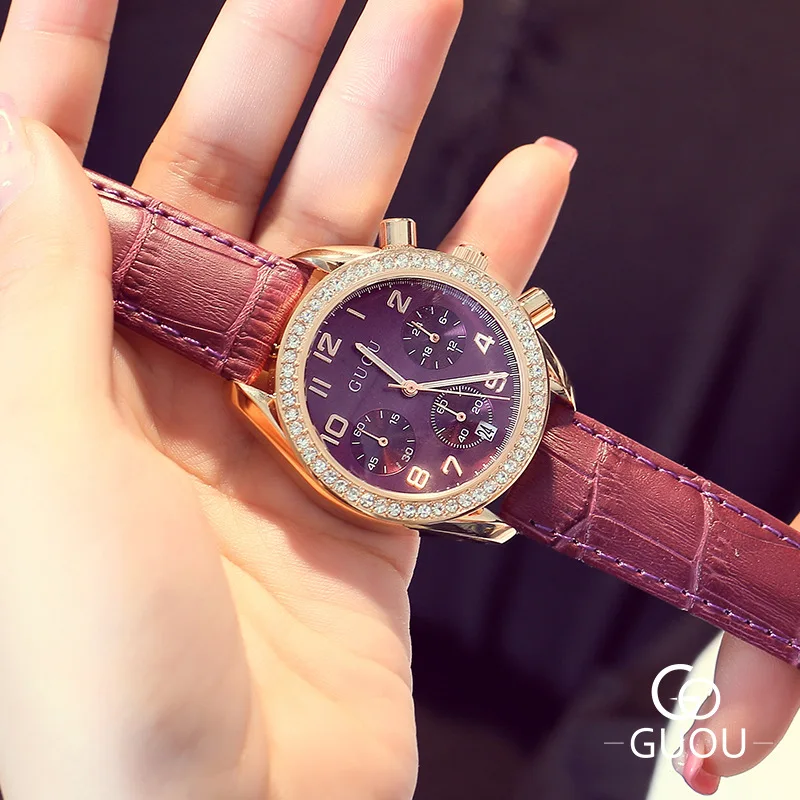 Фото AAA GUOU Роскошные модные женские нарядные часы из натуральной кожи кристаллический