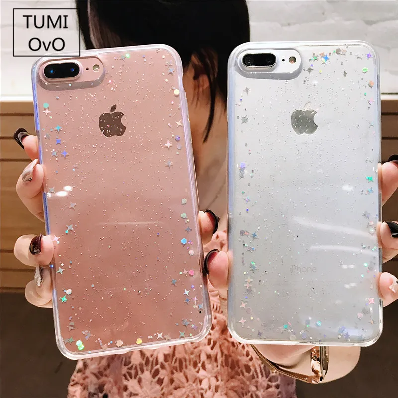 Fashion Transparent Bling Glitter Stars Cover Phone Case For iPhone 8 7 Plus X Solf TPU Silicone Back Cases 6 6S |