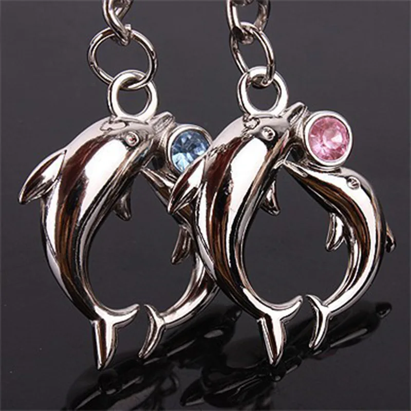 

(100 pairs/lot) Wholesale High Quality Couple Metal Keychain For Lovers Rhinestone Crystal Dolphin Lovers Key Ring KC009W