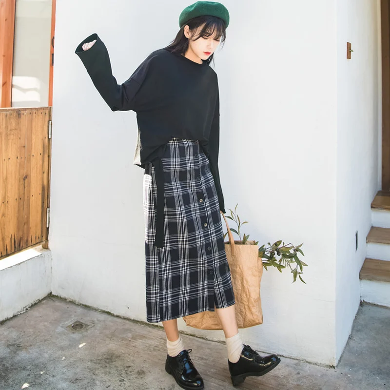 Дропшиппинг для женщин Harajuku Chic миди юбка лето девушка 2018 Новый прямой Кнопка