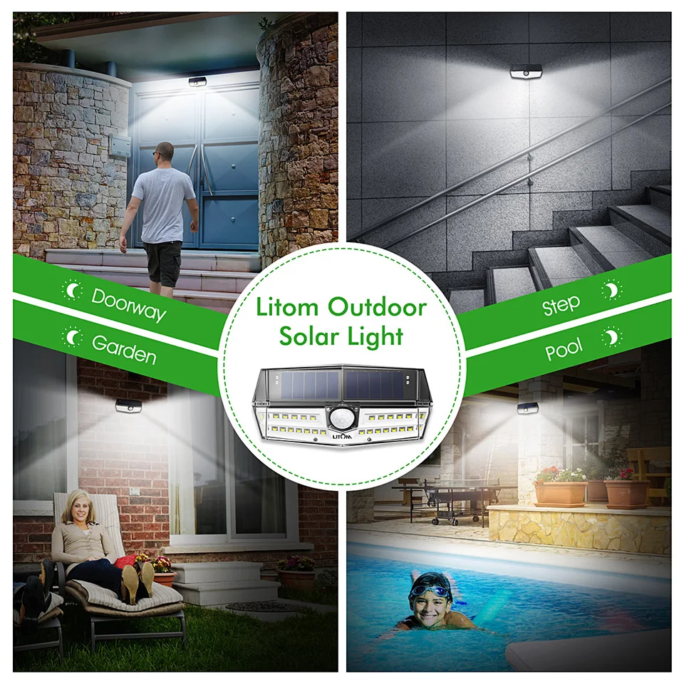 Upgraded Litom IP67 Waterproof Solar Lights 30 LED Super Bright Solar Panel Wall Lamps With Wide Lighting Range/Motion Senor