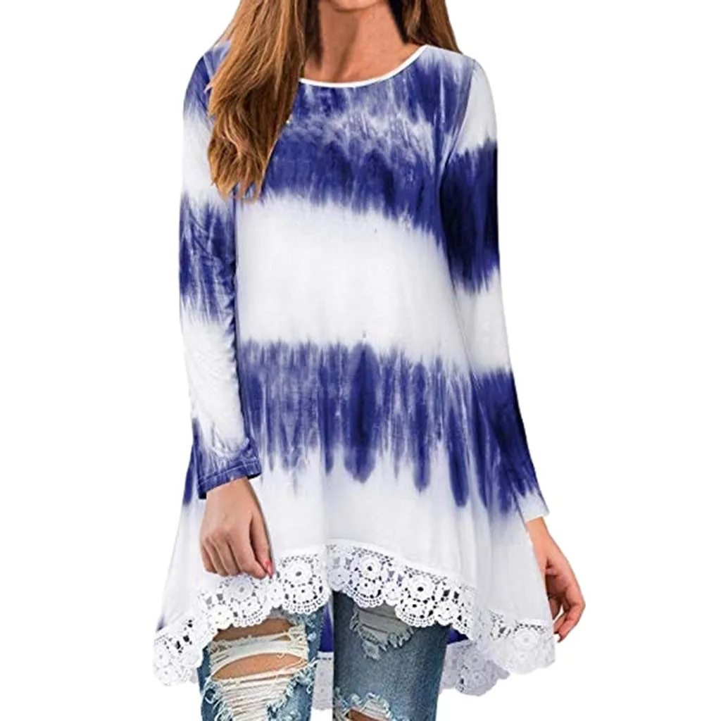 Tie dye рубашка женская с кружевным подолом свободная туника с длинным рукавом Топы Женская футболка Повседневная Женская футболка с длинным рукавом Camiseta Feminina Новинка
