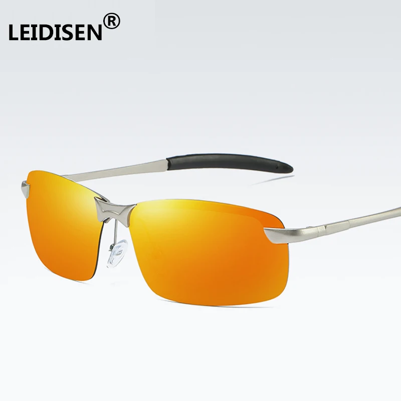 Мужские зеркальные солнцезащитные очки LEIDISEN оранжевые поляризационные без
