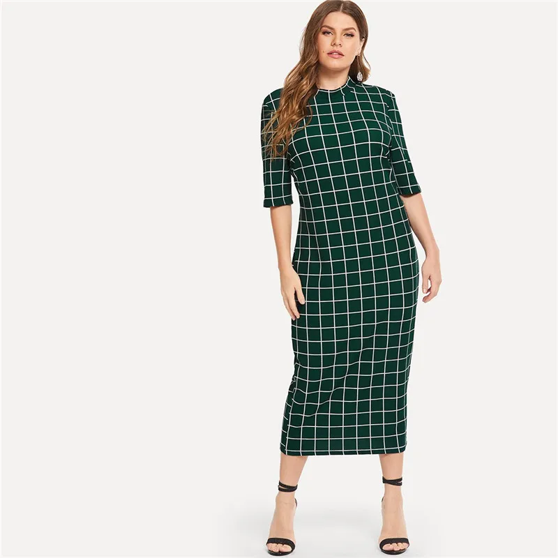 SHEIN элегантное клетчатое облегающее платье большого размера, длинное платье-карандаш для женщин, офисное платье с воротником-стойкой и сетчатым принтом, приталенное платье