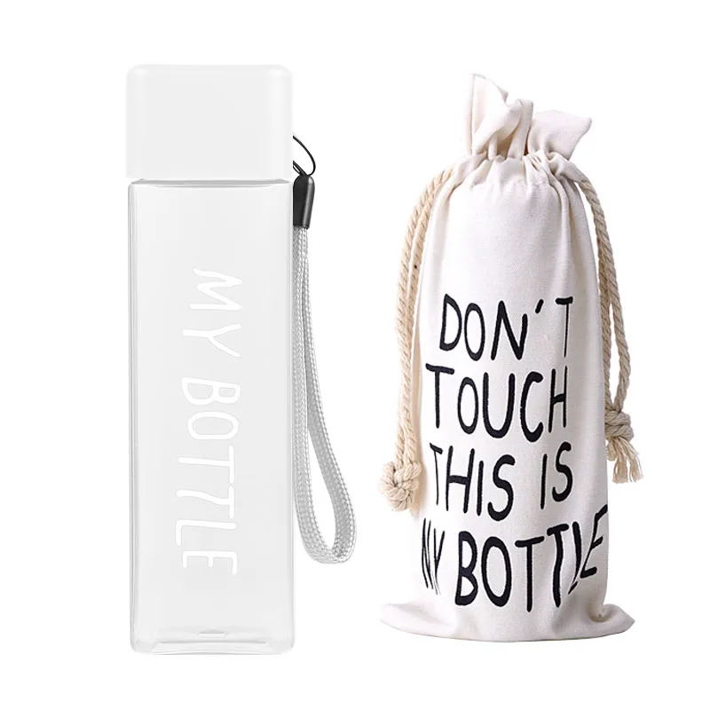 white and bag Новая квадратная пластиковая бутылка My bottle 500 мл для бутылок с водой для питья с веревкой, прозрачная или матовая Спортивная, корейский стиль, термостойкая - Цвет: white and bag