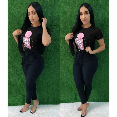 Футболка женская летняя с круглым вырезом жемчугом и блестками в европейском