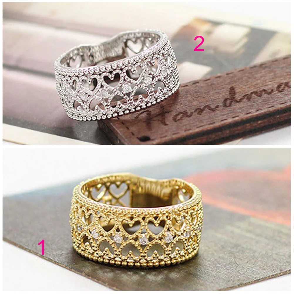 Women Rings Heart Rhinestone Ladies Girls Noble Elegant Trendy Gold Alloy Finger Ring | Украшения и аксессуары