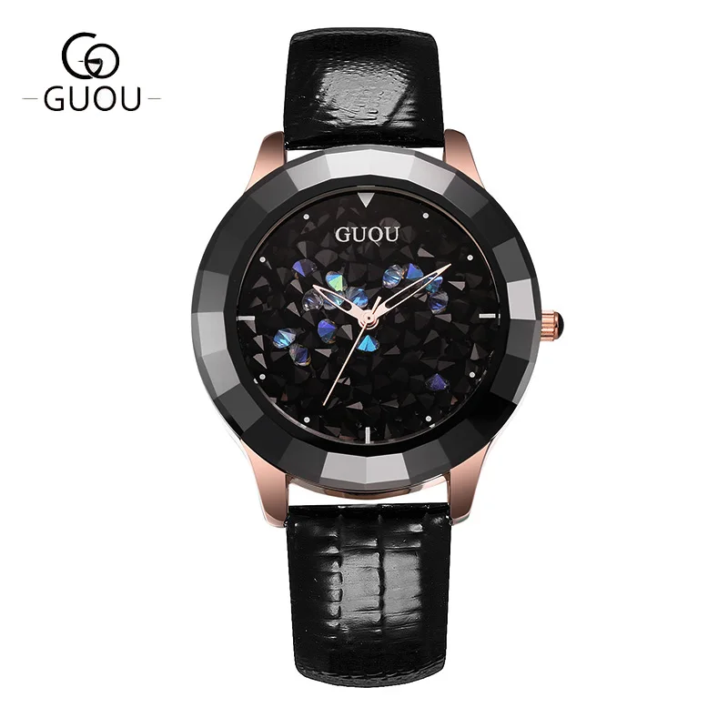Женские часы с цветным камнем GUOU роскошные кожаные алмазные блестками женские