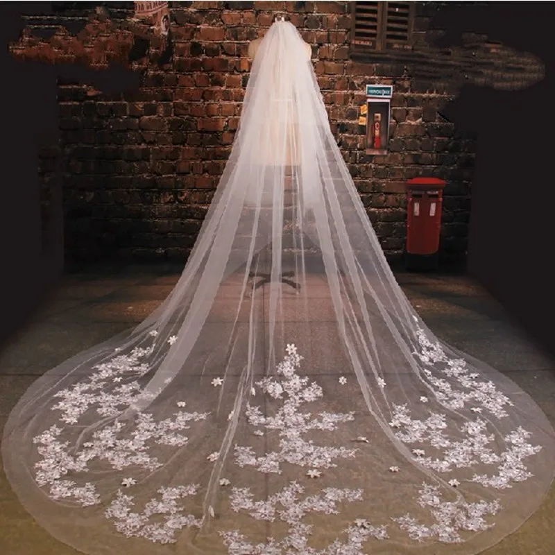 

3M 1L New Custom Made Wedding Veils Lace Appliqued White Ivory Cathedral Length Bridal Free Comb Accessories Veil