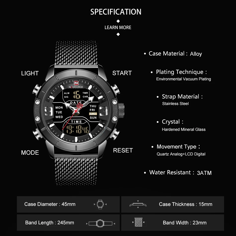 Мужские часы лучший бренд класса люкс NAVIFORCE 9153 светодиодный Секундомер спортивные военные водонепроницаемые наручные часы со стальным ремешком Мужские часы