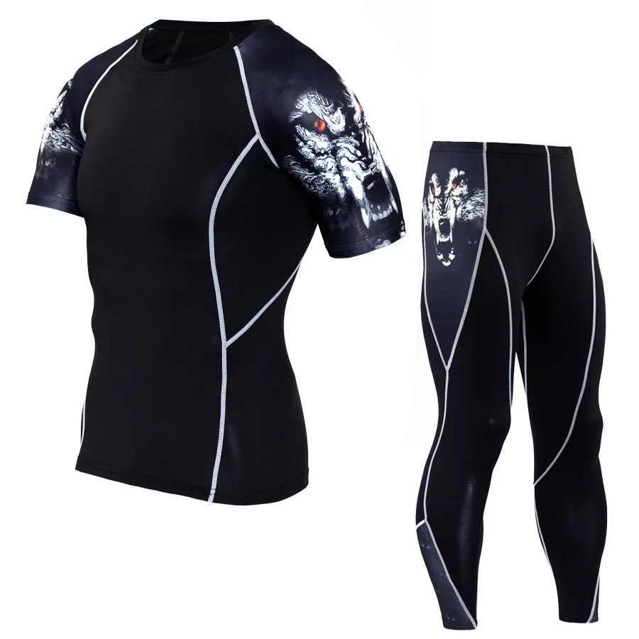 YANQIN Gyms Compression Clothing Sets Short Sleeve Tees Fitness Leggings Trendy Print Suits Training Exercise Plus Size 3XL | Спорт и