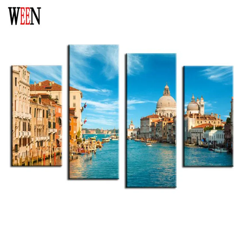 WEEN Sunset City Canvas Art 4Pcs Modern HD Scenery Wall Pictures Painting For Home Decorative Modular Posters Printed On | Дом и сад