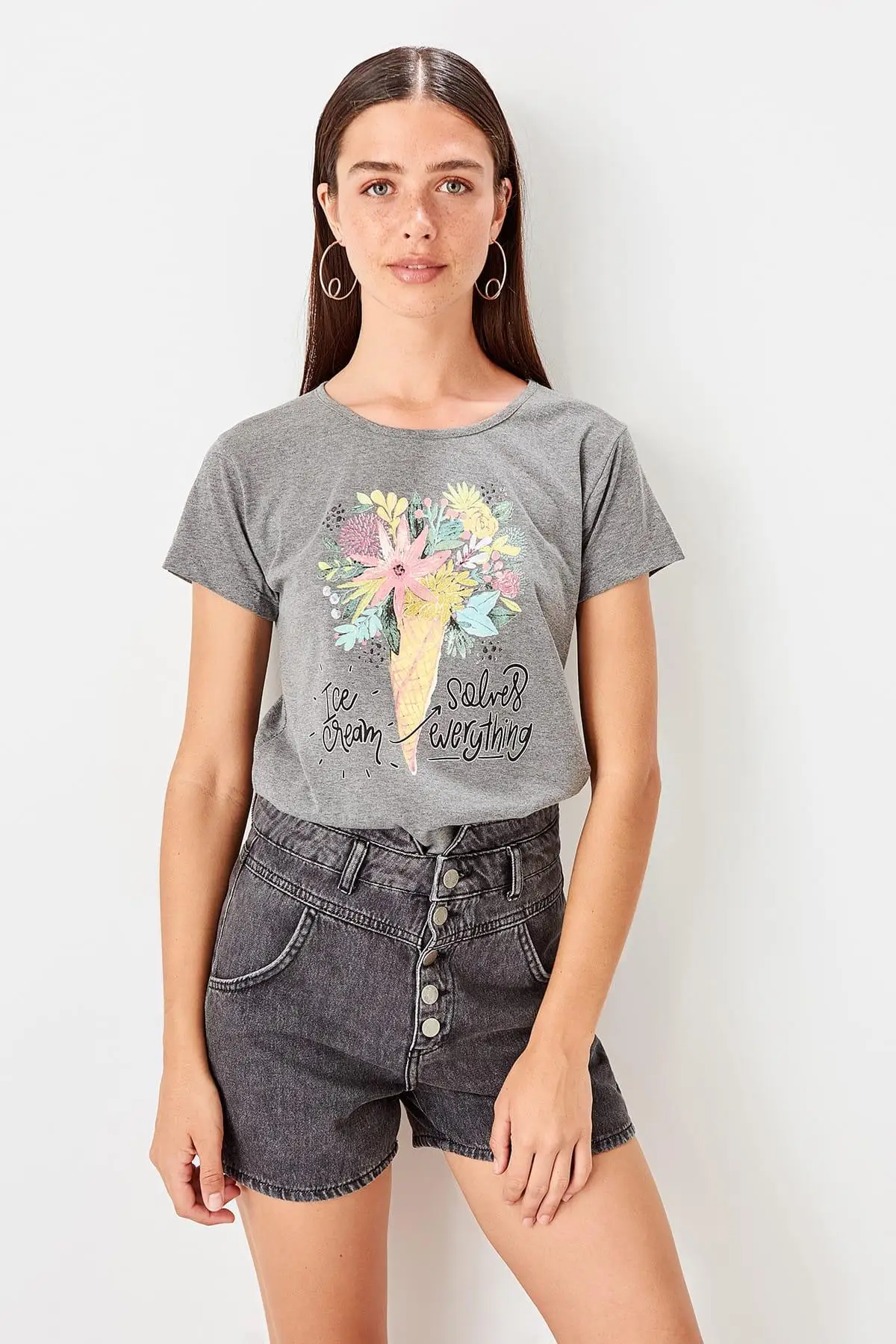 Trendyol Антрацит печатных Базовые Трикотажные футболки TWOSS19TS0545|Футболки| |