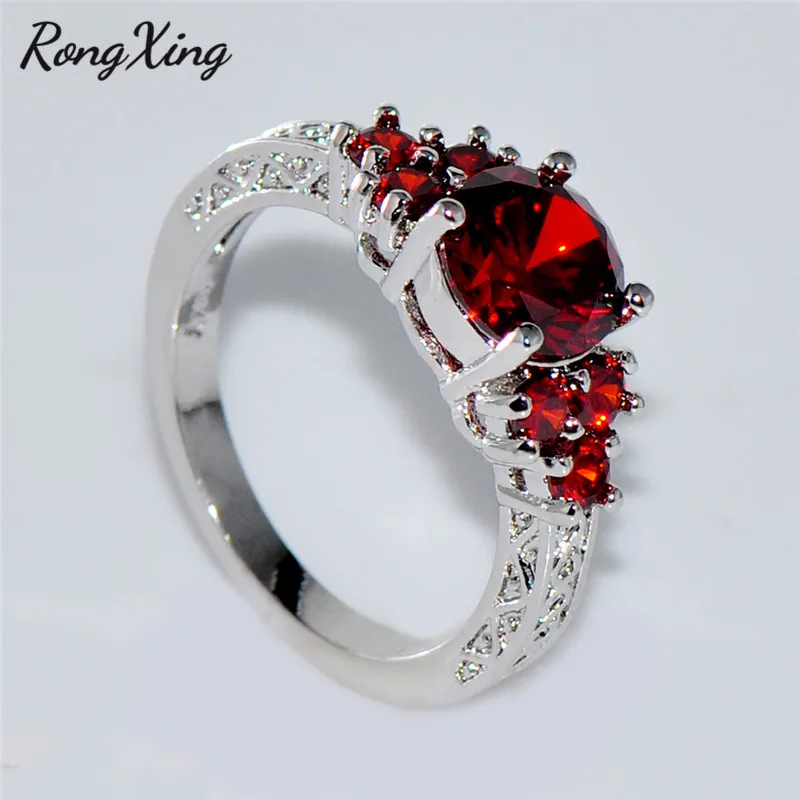 RongXing Классический круглый Красный Кристалл Циркон Обручальные кольца для женщин 925 серебро камень по дню рождения кольцо женские свадебные украшения