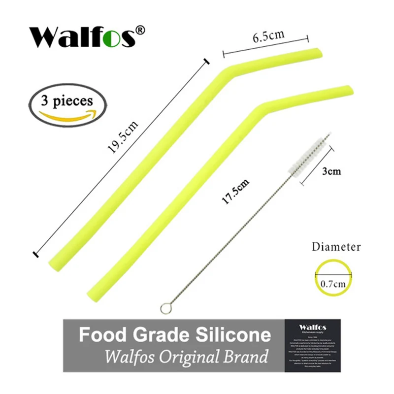 small yellow WALFOS 2 шт многоразовые соломинки для питья Пищевая силиконовая соломинка яркая соломинка для питья с чистящей щеткой - Цвет: small yellow