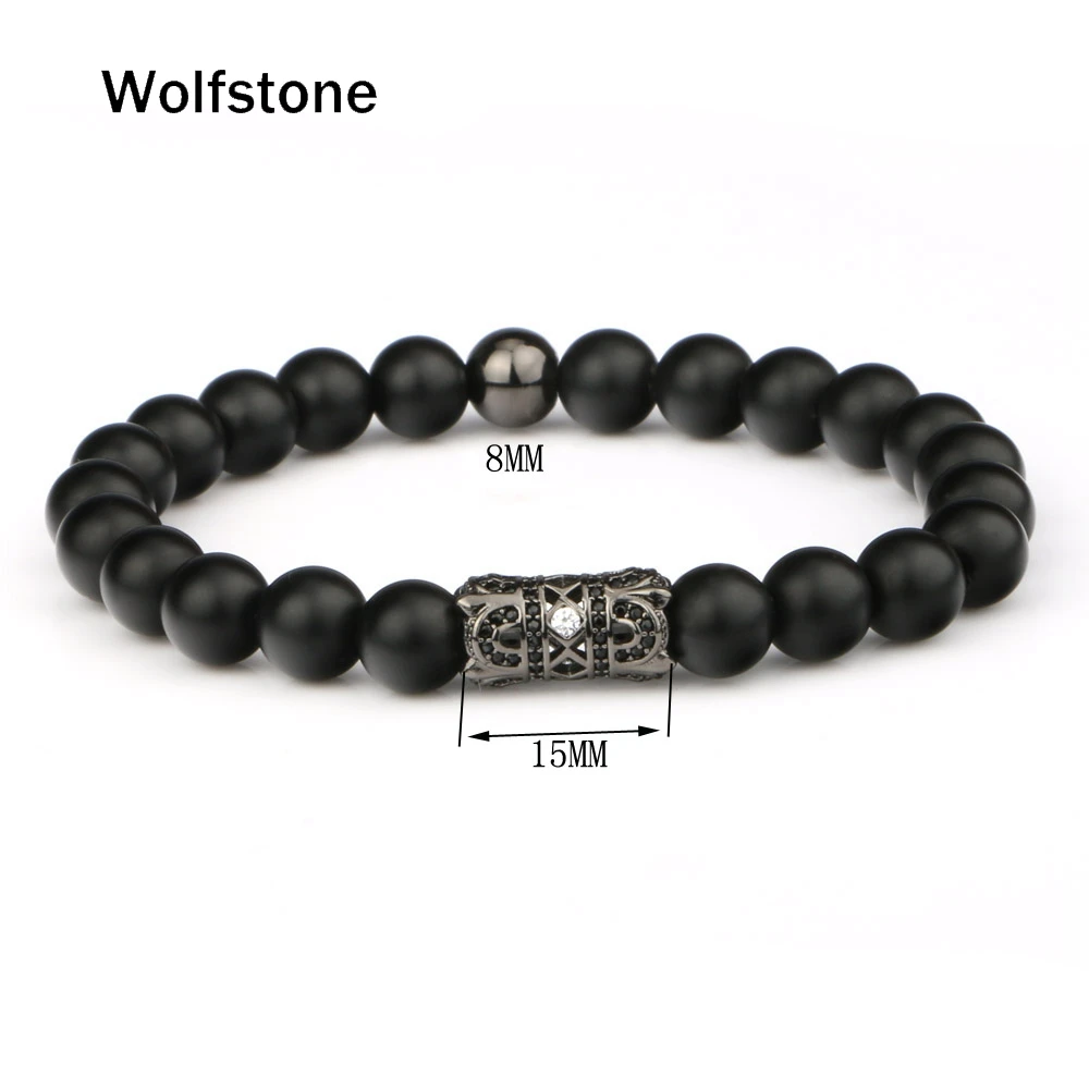 Wolfstone Мода Micro Pave CZ twin Корона 8 мм черный скраб оникс Бусины Браслет Fit Для мужчин