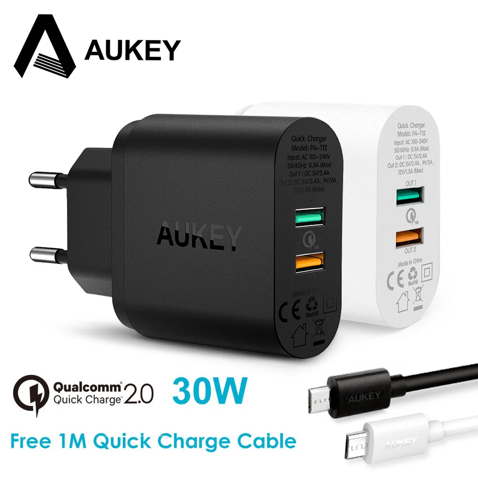 AUKEY 30 Вт мобильный телефон зарядное устройство QC 2 0 Quick Charge USB настенное двойной