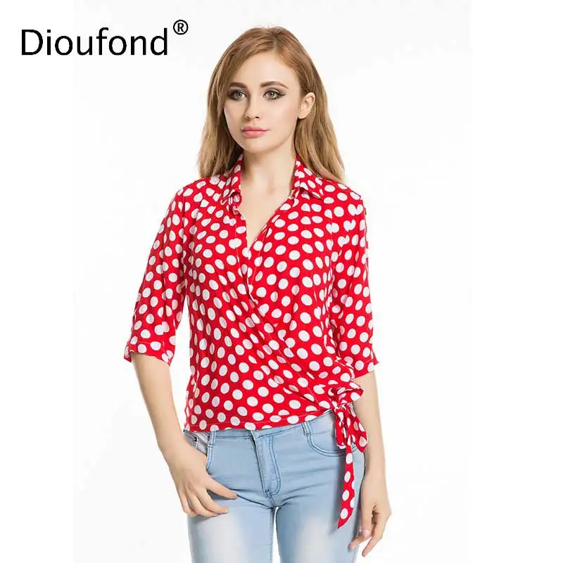 Женская хлопковая блузка Dioufond черная Повседневная Блузка в горошек с бантом три