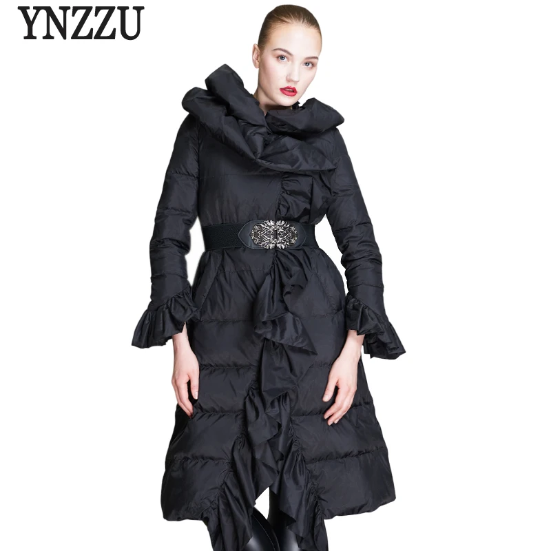 Оборками Элегантный женский пуховик 2018 на осень зиму пальто длинное теплое с