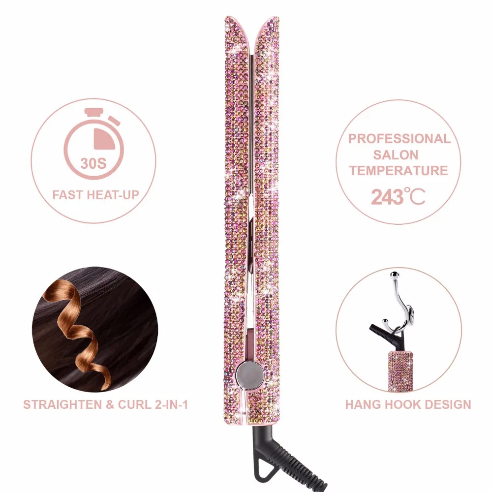 MMFC-Rose Gold Hand Made Sparkling Crystal Diamond Rhinestone Lcd Digital Display Flat Iron Crystal Gems Titanium Hair Straigh