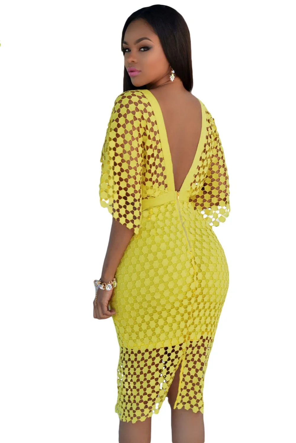 Темно-синий V Шеи Вязание Крючком Midi Платье LC61293 2016 осень sexy women bodycon клубная одежда