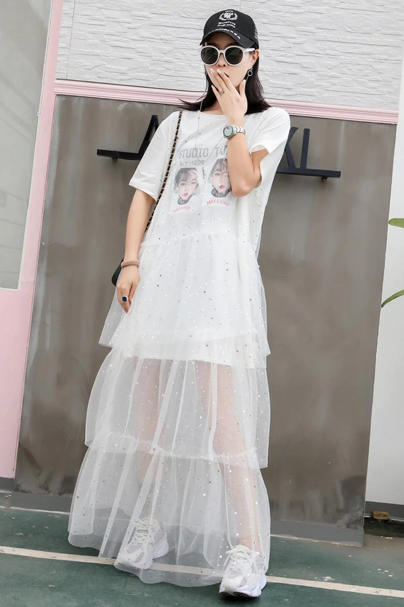 European station tide brand niche print sequin mesh stitching short-sleeved T-shirt female fashion fairy cake skirt summer | Женская