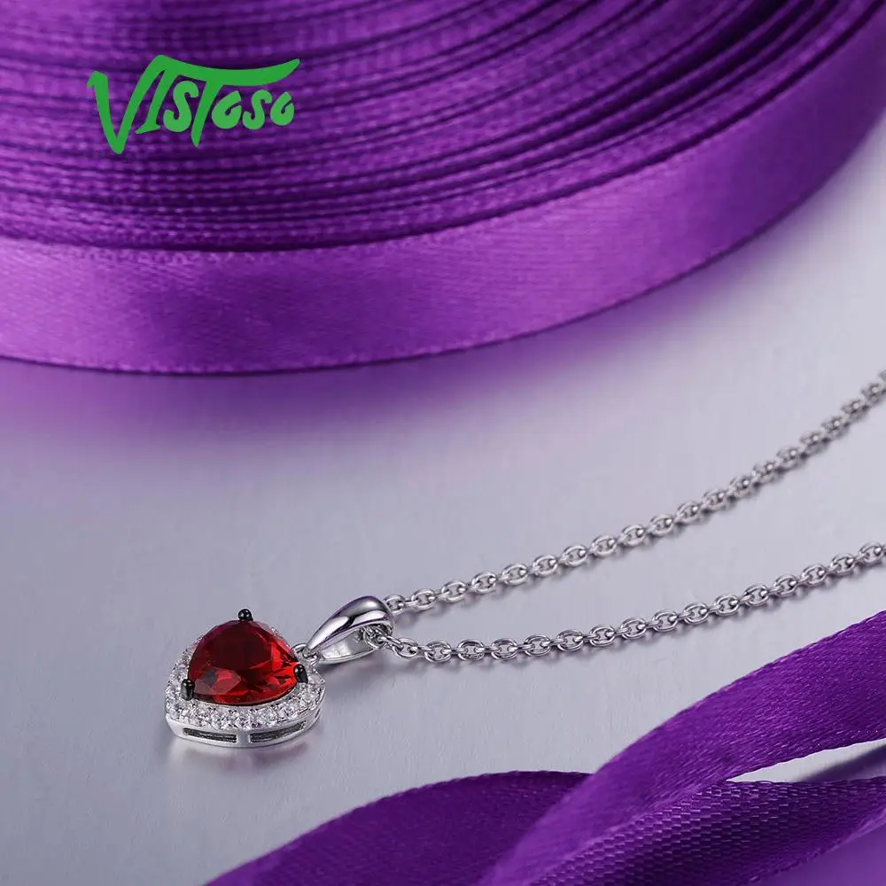 VISTOSO Серебряное сердце Подвеска для женщин ювелирные изделия Красный Кристалл