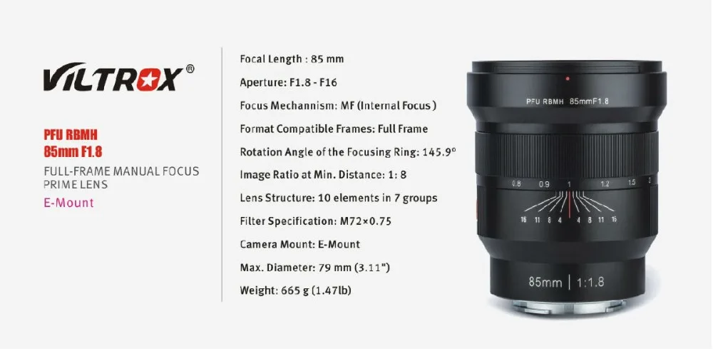 VILTROX 85 мм f/1,8 Полнокадровый ручной объектив с фиксированным фокусом F1.8 для камеры sony NEX E A9 A7M3 A7R Fujifilm FX-mount