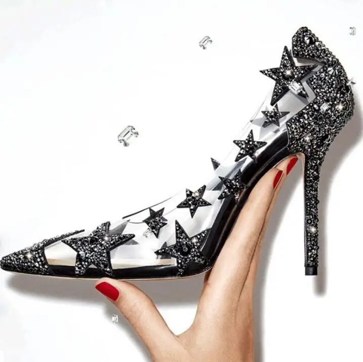 

New Arrivals Black Crystal Star Patchwork Pointy Toe Pumps Slip-on Thin Stiletto Heels Bling Bling Glitter Wedding Shoes Bride