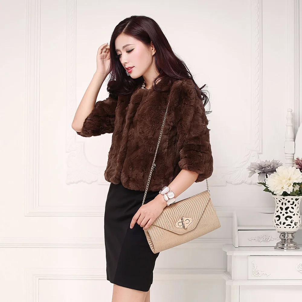 Натуральный настоящий мех кролика пальто и куртки для женщин с круглым вырезом
