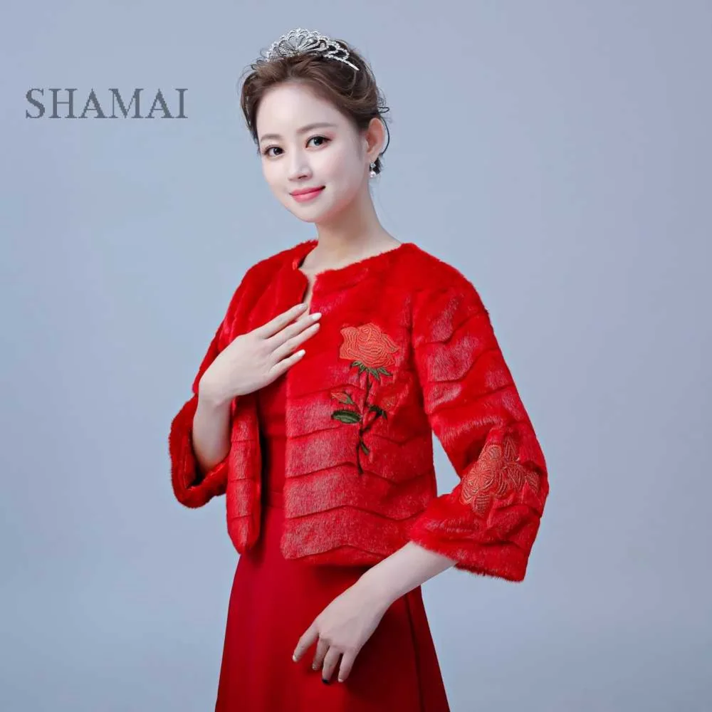 Красная Зимняя Свадебная куртка SHAMAI из искусственного меха женская свадебная