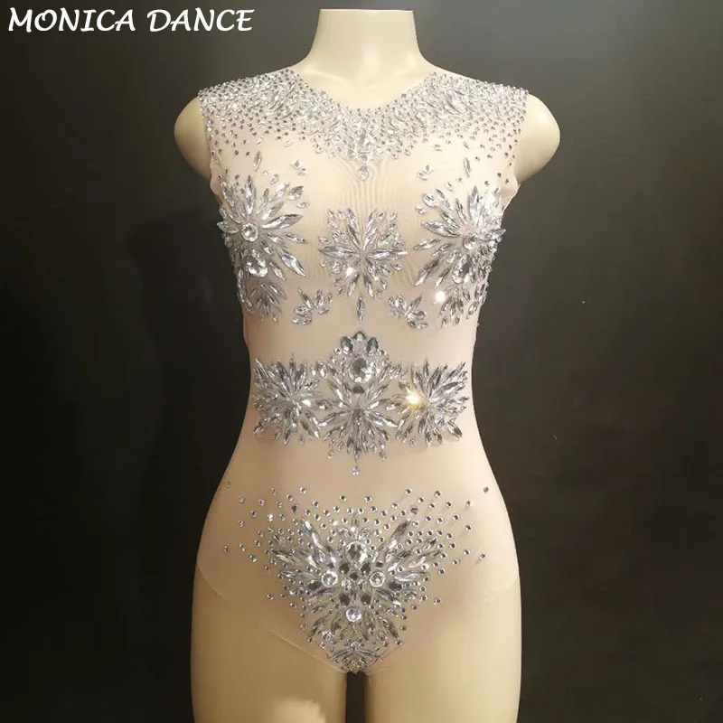 Women Sexy Stage Glass Rhinestone Perspective Mesh Bodysuit 3D Printed Nightclub Party Birthday Celebrate Stage Wear Costumes