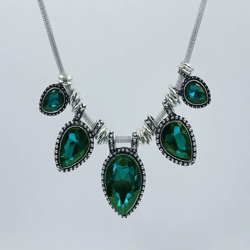

Vintage Silver Color Rhinestones Water Drop Pendant Necklace For Women Statement Jewelry With 46cm Chain