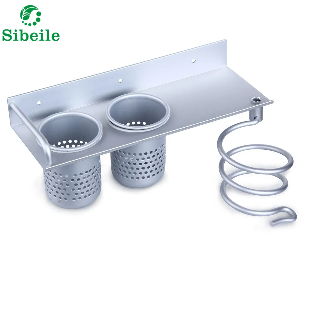 

SBLE серебристый алюминиевый плоский держатель стойка органайзер для хранения настенный фен с 2 чашками аксессуары для ванной комнаты