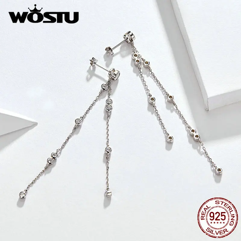 WOSTU длинные висячие серьги с капельками, 925 пробы, серебро, кристалл, CZ, цепочка, висячие серьги для женщин, роскошные ювелирные изделия, подарок FNE102