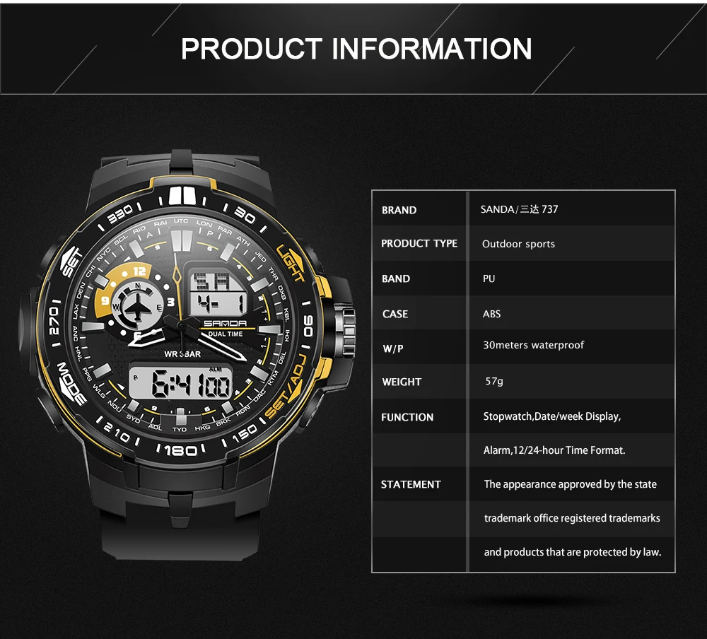 Часы наручные SANDA мужские спортивные брендовые Роскошные цифровые аналоговые