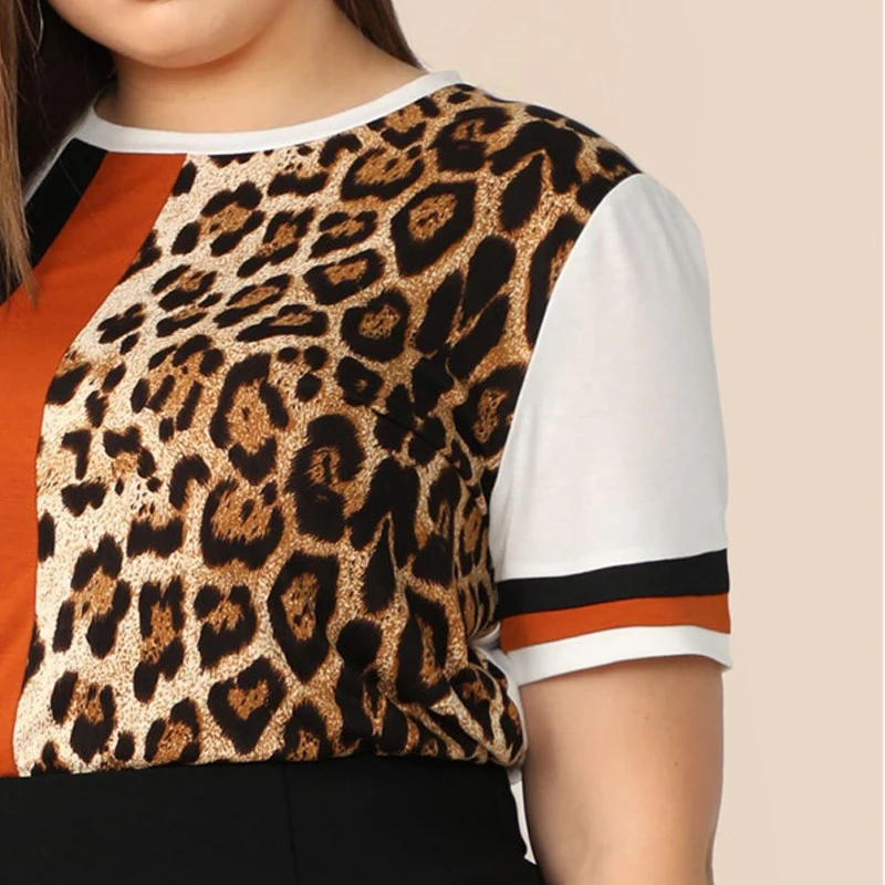 SHEIN, Женский Топ в полоску с леопардовым принтом размера плюс, лето, разноцветная Повседневная футболка с круглым вырезом, уличная футболка