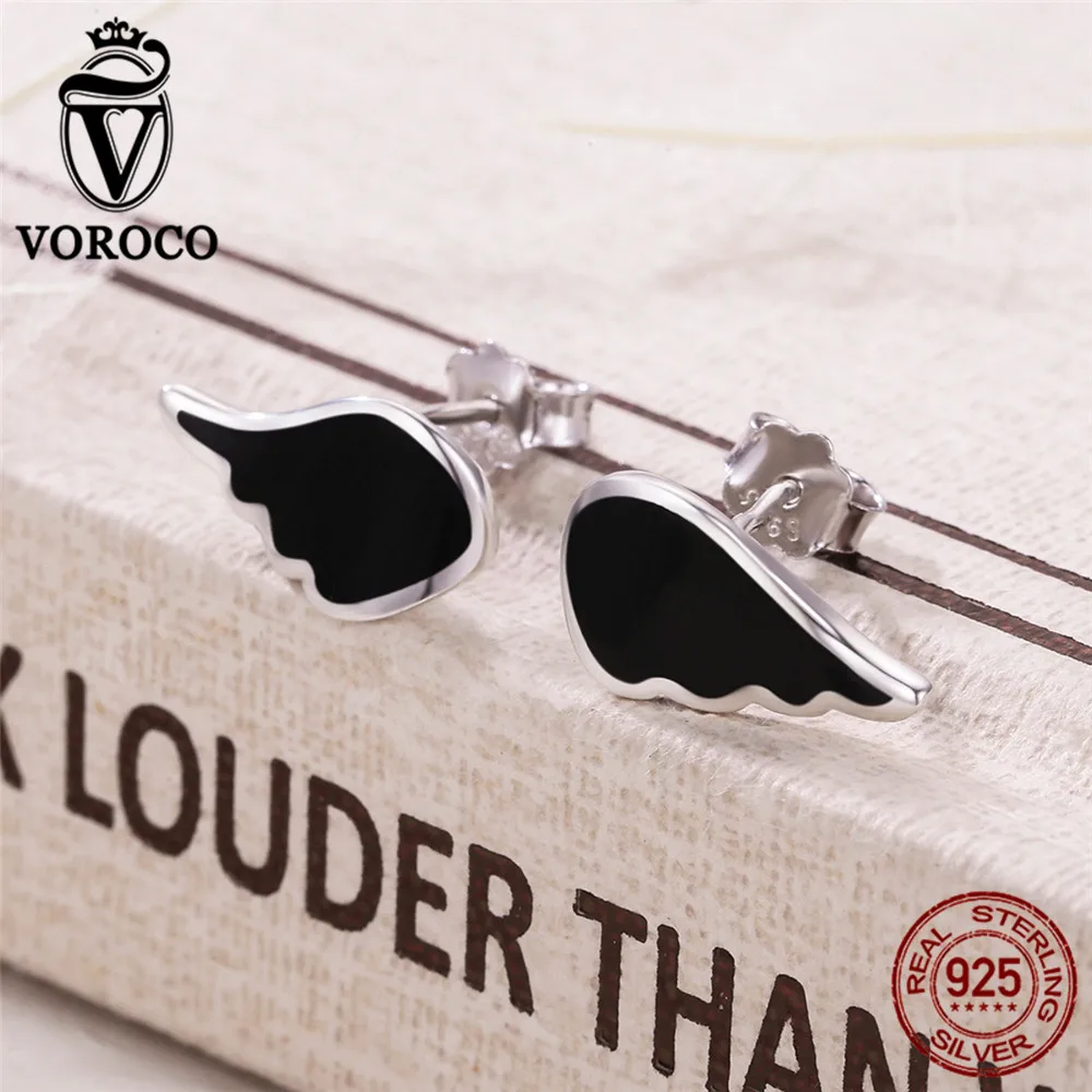 Voroco натуральная 925 Sterling Silver Wings Chic Черная Эмаль Серьги-гвоздики для Для женщин