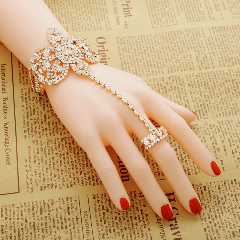 Women's Wedding Crystal Bowknot Bangle Charm Rhinestone Finger Ring Bracelets - Statement Femme Jewelry image 6