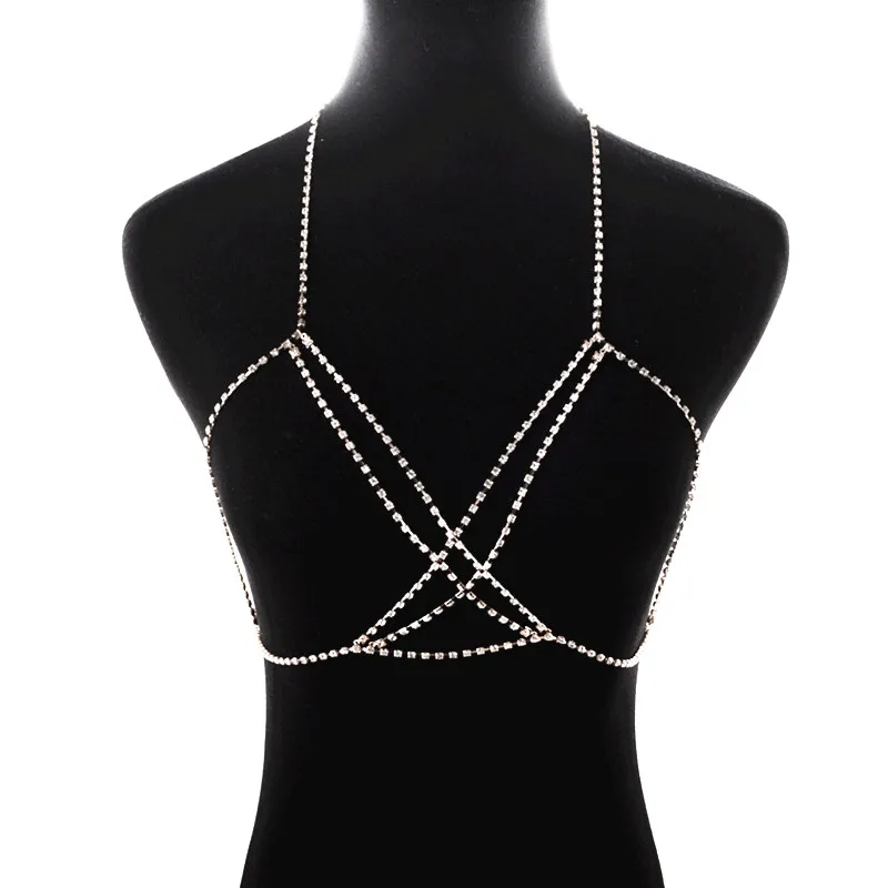 Женский короткий топ бюстье расшитый блестками с золотыми стразами на цепочке