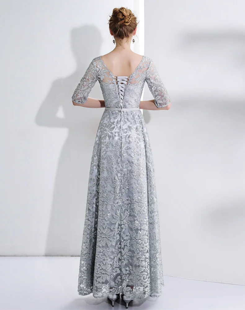 

Gala jurken dames new Scoop neck half sleeve A Line lace sequins red gold silver bridesmaid dress long wedding guest dress plus