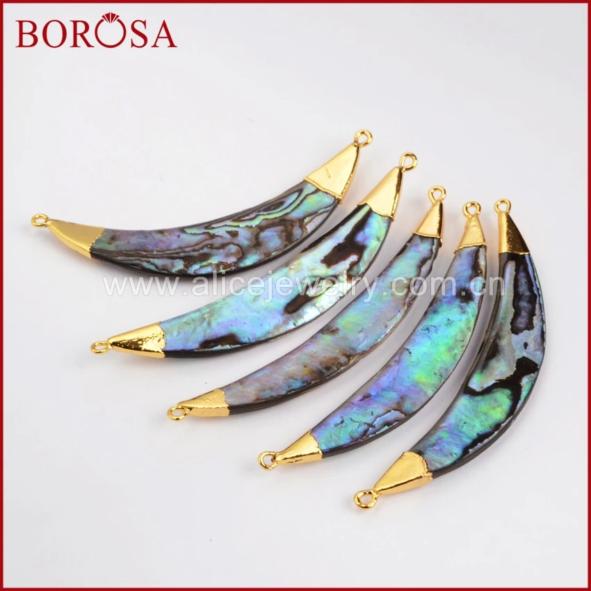 

BOROSA 10PCS Gold Color Curved Surface Crescent Natural Abalone Shell Pendant Connector Double Charms for Necklace Jewelry G0690