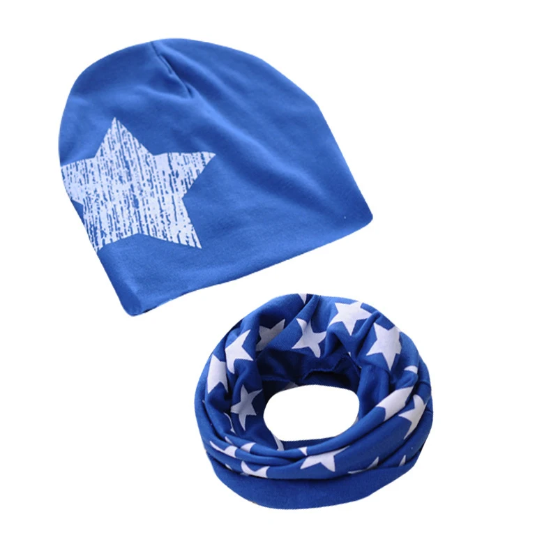dark blue hat-scarf Хлопковая детская шапка, шарф, Детские шапочки, детские шапки с принтом звезды, весна-осень, детская шапка, набор шарфов для маленьких девочек, шапочки реквизит для фотосессии - Цвет: dark blue hat-scarf