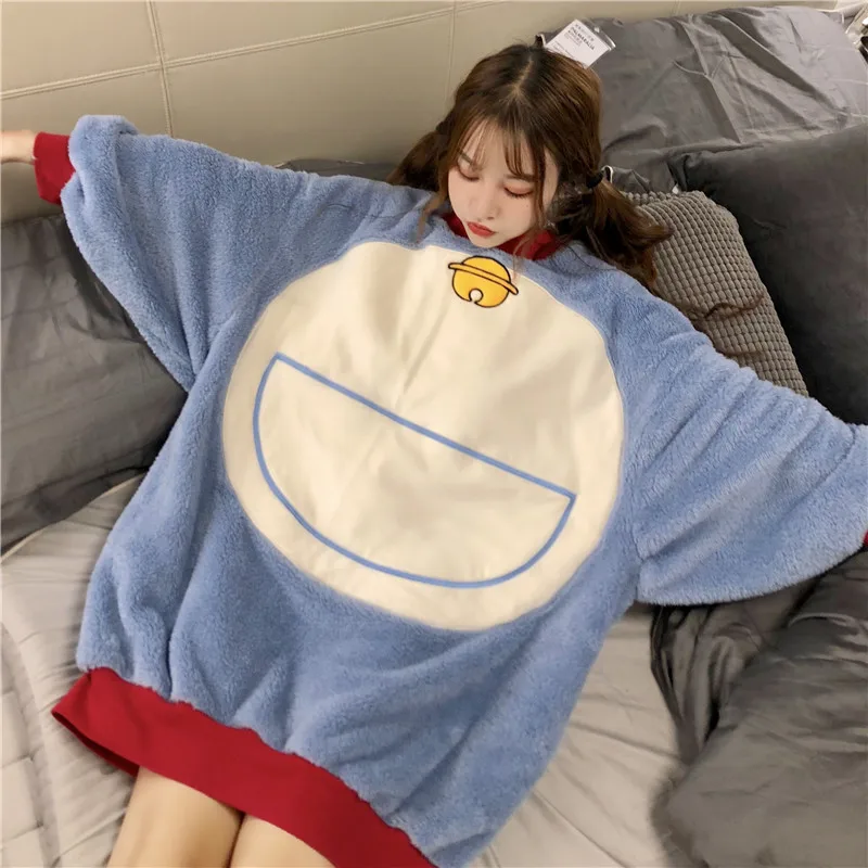 Kawaii autumn winter 2018 ulzzang Korea Women's Clothing cartoon cat Harajuku oversize Nightdress flannel long sleeve dresses | Женская