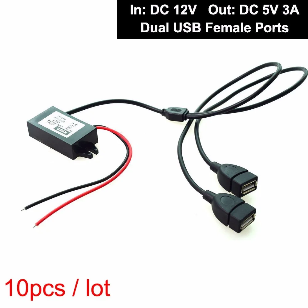 

10 PCS DC 12V to DC 5V 3A 15W Direct Link Hard Wired Power Supply Dual USB Female Car Charger for DVR GPS Tablet Charge E-Dog