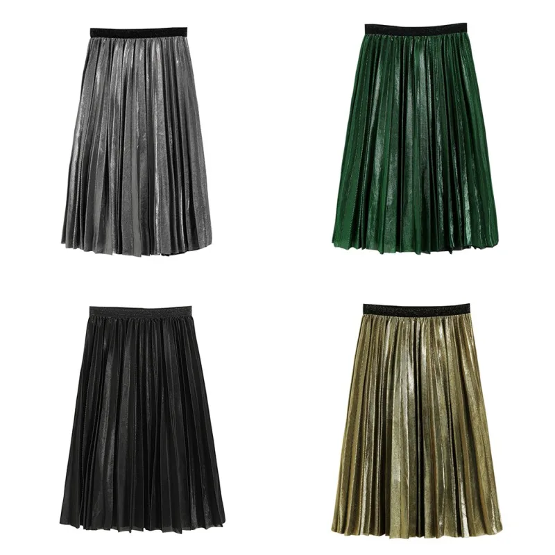 

ROPALIA Fashion Midi Skirt Pleated Skirt Women Metallic Silver Skirt High Waist Long Skirt Metallic Party Club Ladies Clothes