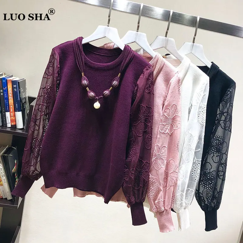 LUOSHA Women Autumn Winter Knitted Embroidery Flower Lace Patchwork Pullovers And Sweater Female Jumper Pull Femme Top | Женская одежда