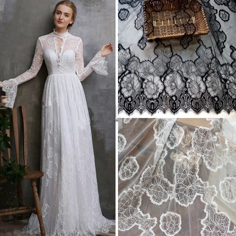 

2018 Latest high quality french lace eyelash wedding lace fabric 150*300CM/piece free shipping off white black bridal gown lace