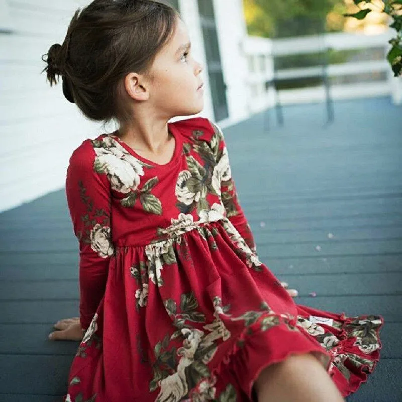 Hot Toddler Kids Girl Long Sleeve Flower Party Dress Ruffle Back Lace-up Princess Summer Sundress Clothes Cotton 1-6T | Детская одежда